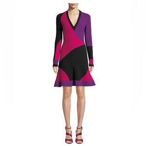 NK32 Naeem Khan Long-Sleeve Colorblock V-Neck Cocktail Dress